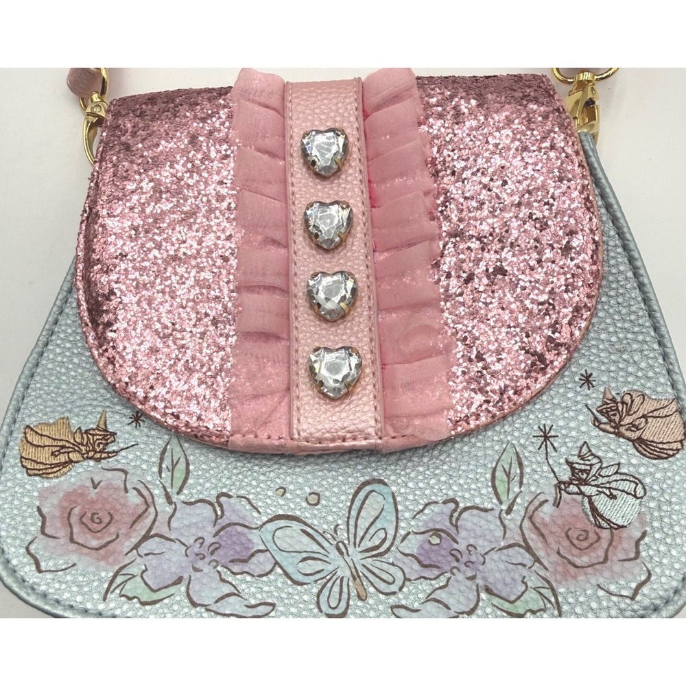 Disney Cinderella Fairy Godmother Pink Gray Floral Sequin Crossbody Purse